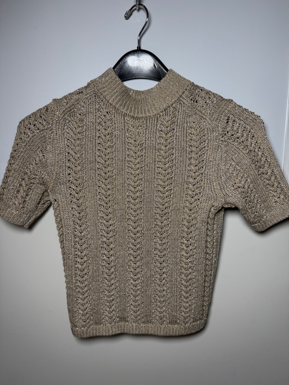 GAP Short-Sleeve Open-Knit Tee in Taupe Beige and Silver thread